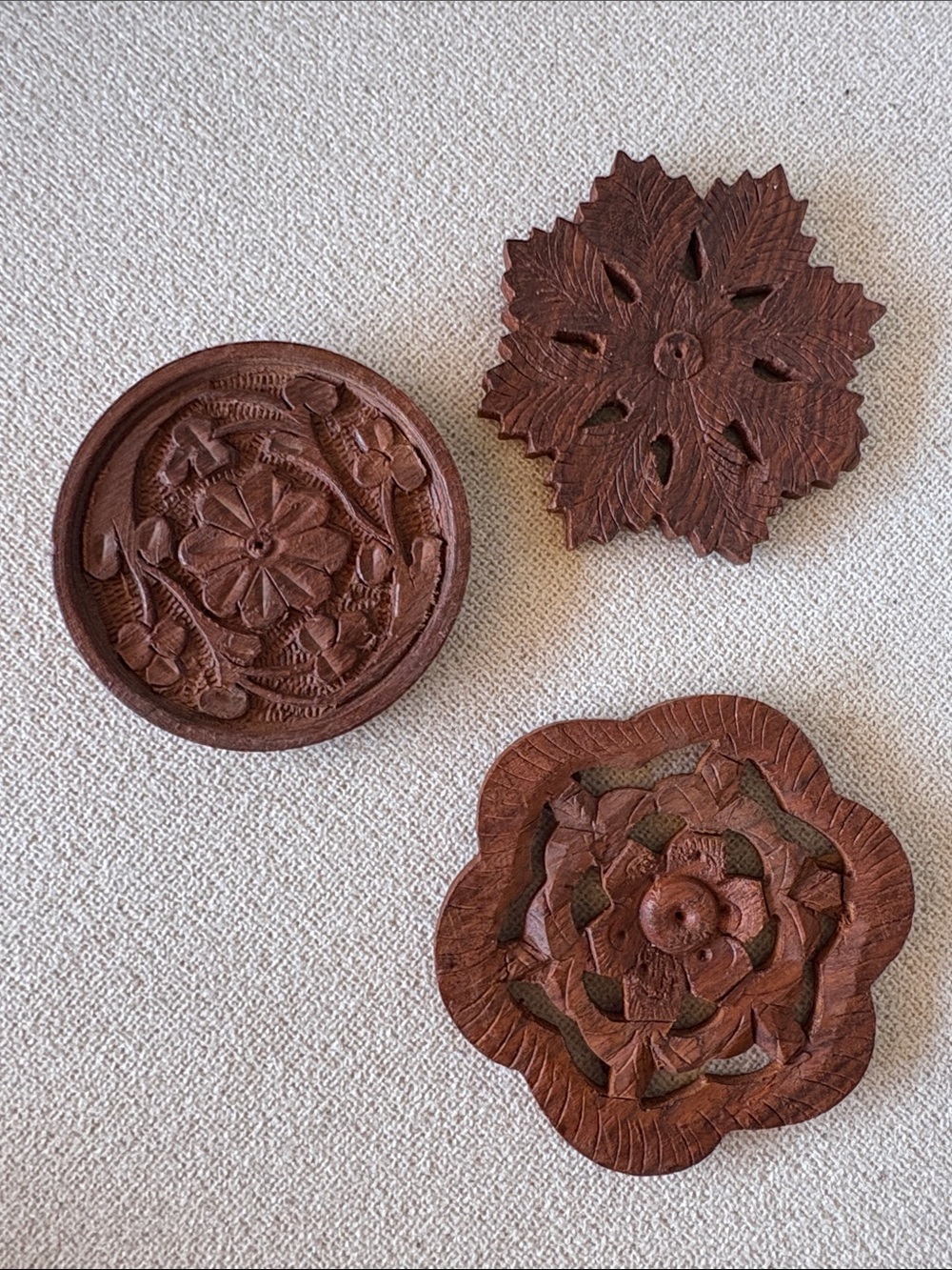 VTG Hand-Carved Wooden Trivets Set of 3 - Mid-Century Indian Rosewood Hot Pads